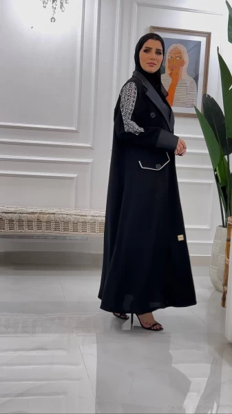 Black Crepe Blazer Abaya with Embroidery IB251